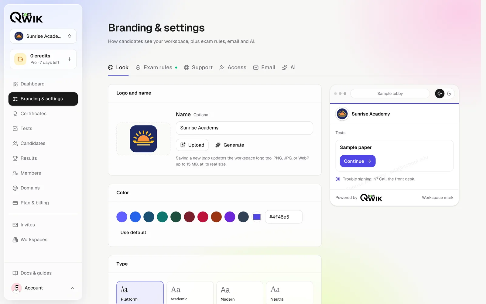 Qwiktest branding settings with logo, colour, and template