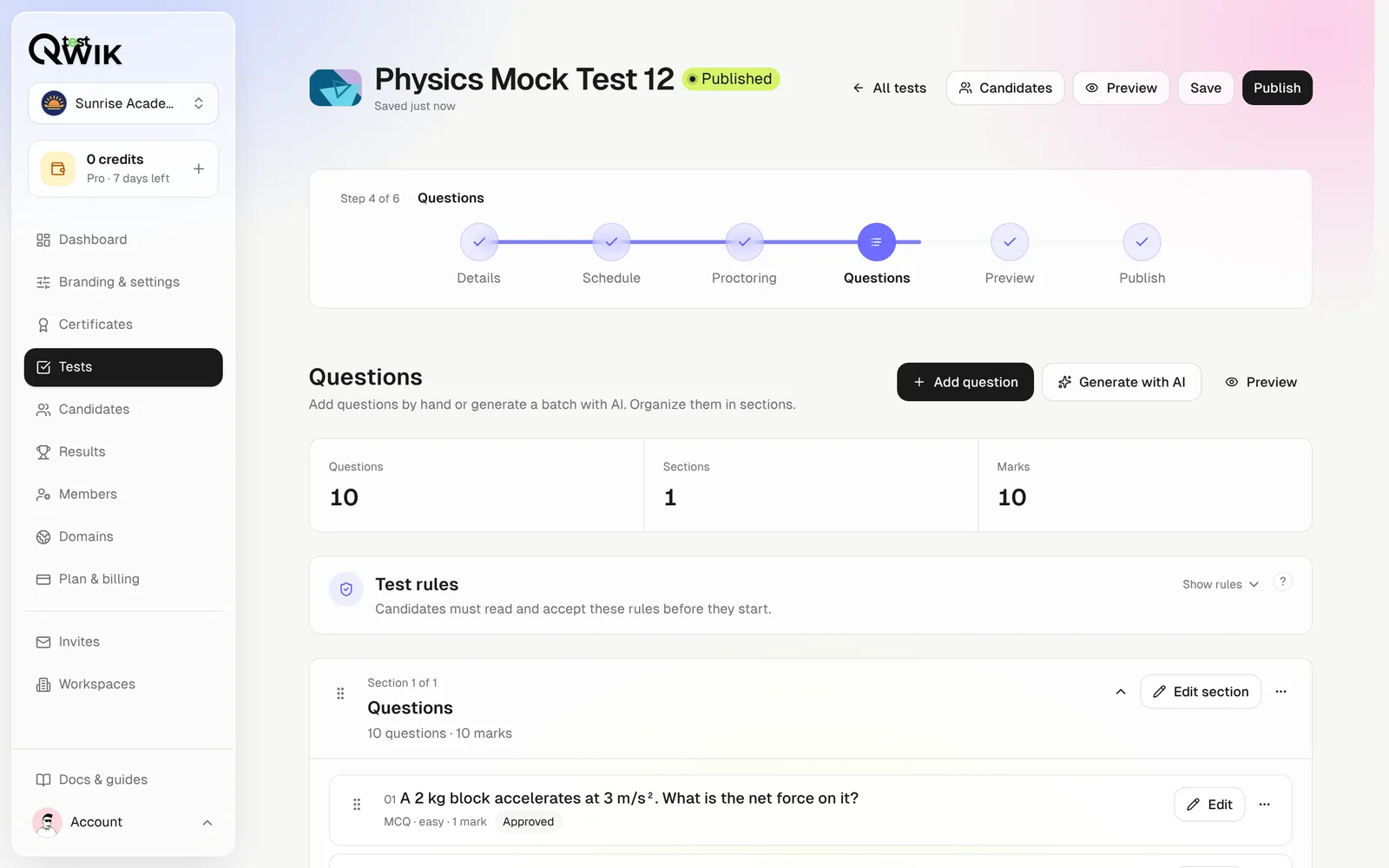 Qwiktest test builder with 10 approved MCQ questions