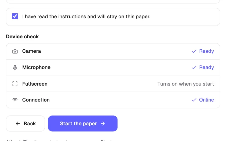 Qwiktest exam check-in with rules, device check for camera, microphone and connection, and a live camera panel