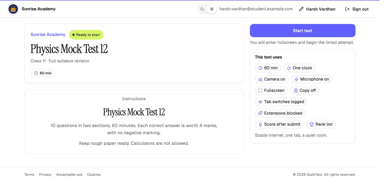 A white-labelled Qwiktest exam page for Sunrise Academy, ready to start