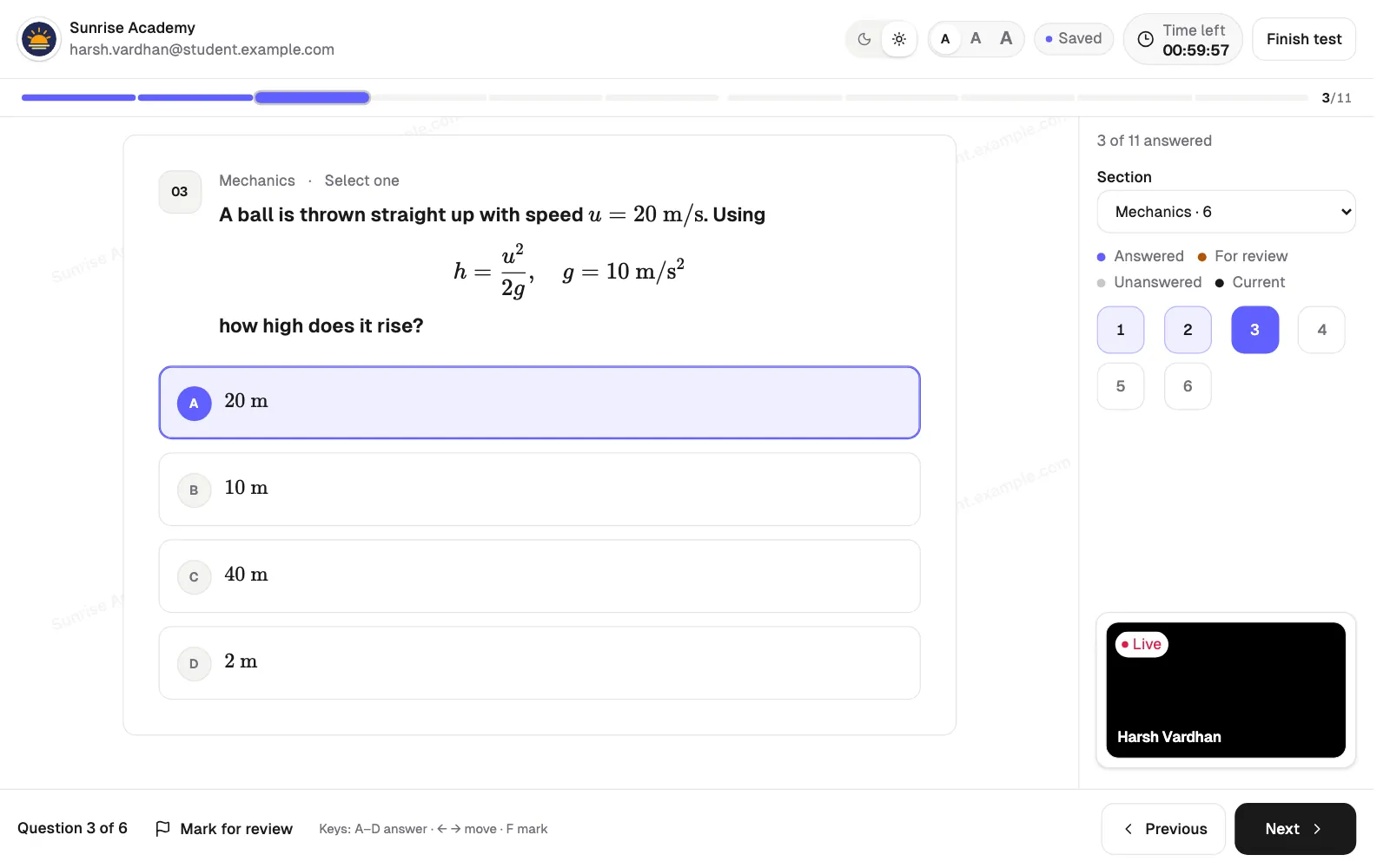 Student answering an MCQ in the Qwiktest exam player with a live timer