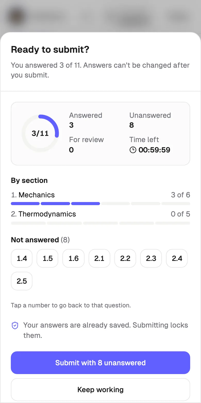 Online exam review screen on a phone with a Submit button and unanswered question numbers